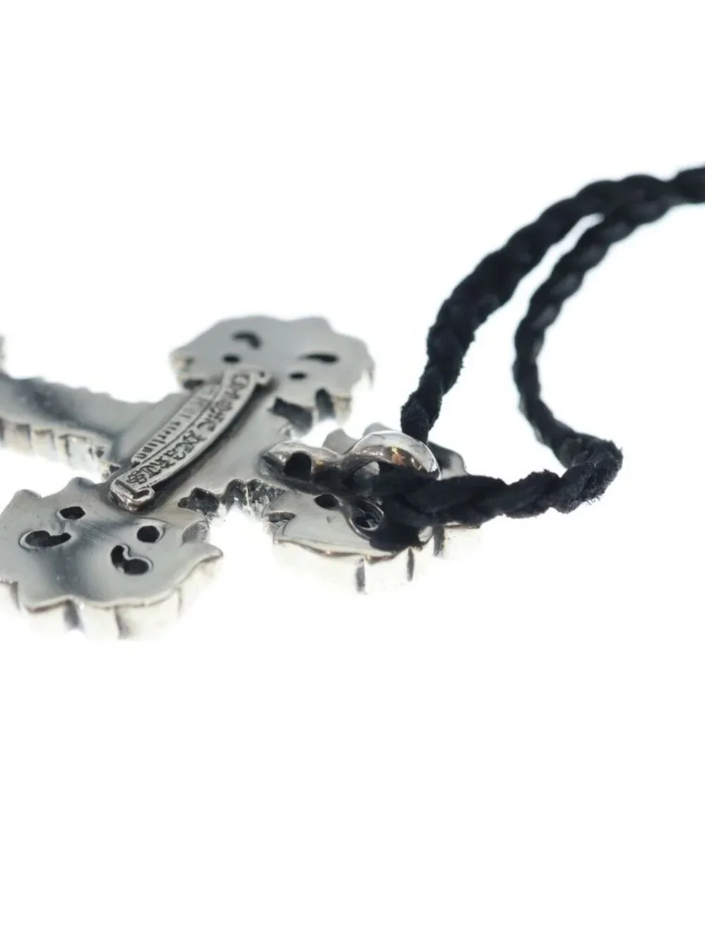 Chrome Hearts Filig Cross SM Filigree Leather Braid Necklace Silver